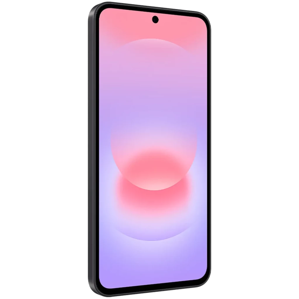 Samsung Galaxy A37 5G negro con pantalla de 6.6 pulgadas, borde fino y cámara frontal en orificio central; diseño elegante y delgado, acabado mate suave