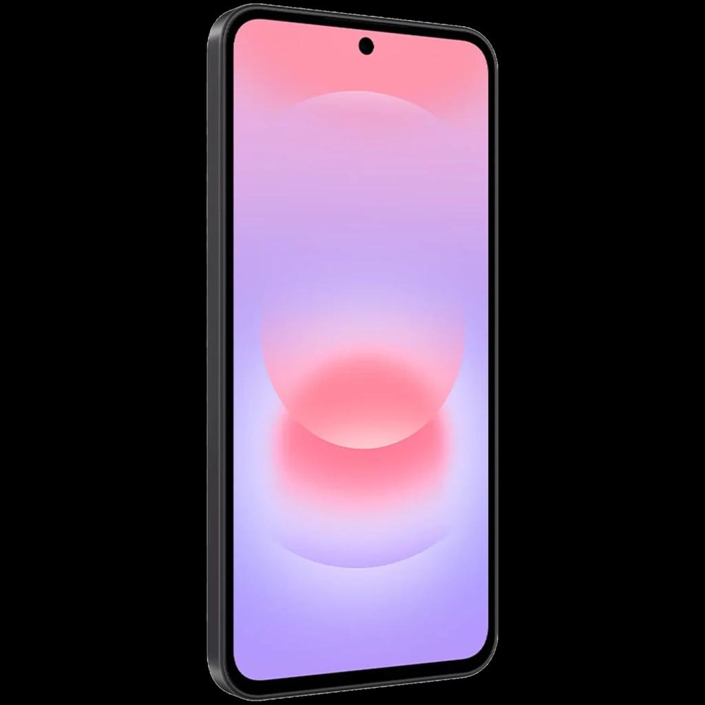 Samsung Galaxy A37 5G negro con pantalla de 6.6 pulgadas, borde fino y cámara frontal en orificio central; diseño elegante y delgado, acabado mate suave