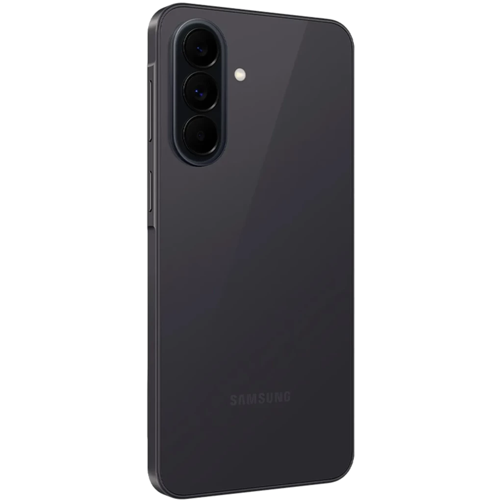 Samsung Galaxy A37 5G negro con triple cámara trasera vertical, acabado brillante y bordes curvos; módulo de lentes sobresaliente y logo Samsung discreto