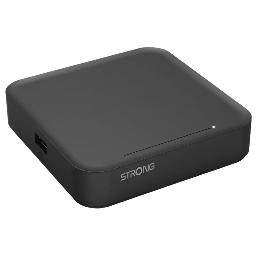 Caja TV negra compacta Strong Leap-S3 Ultimate con luz LED frontal, puertos laterales y acabado mate