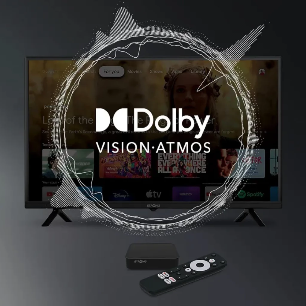 Set TV con Android TV y control remoto; destaca logo Dolby Vision Atmos sobre interfaz de streaming