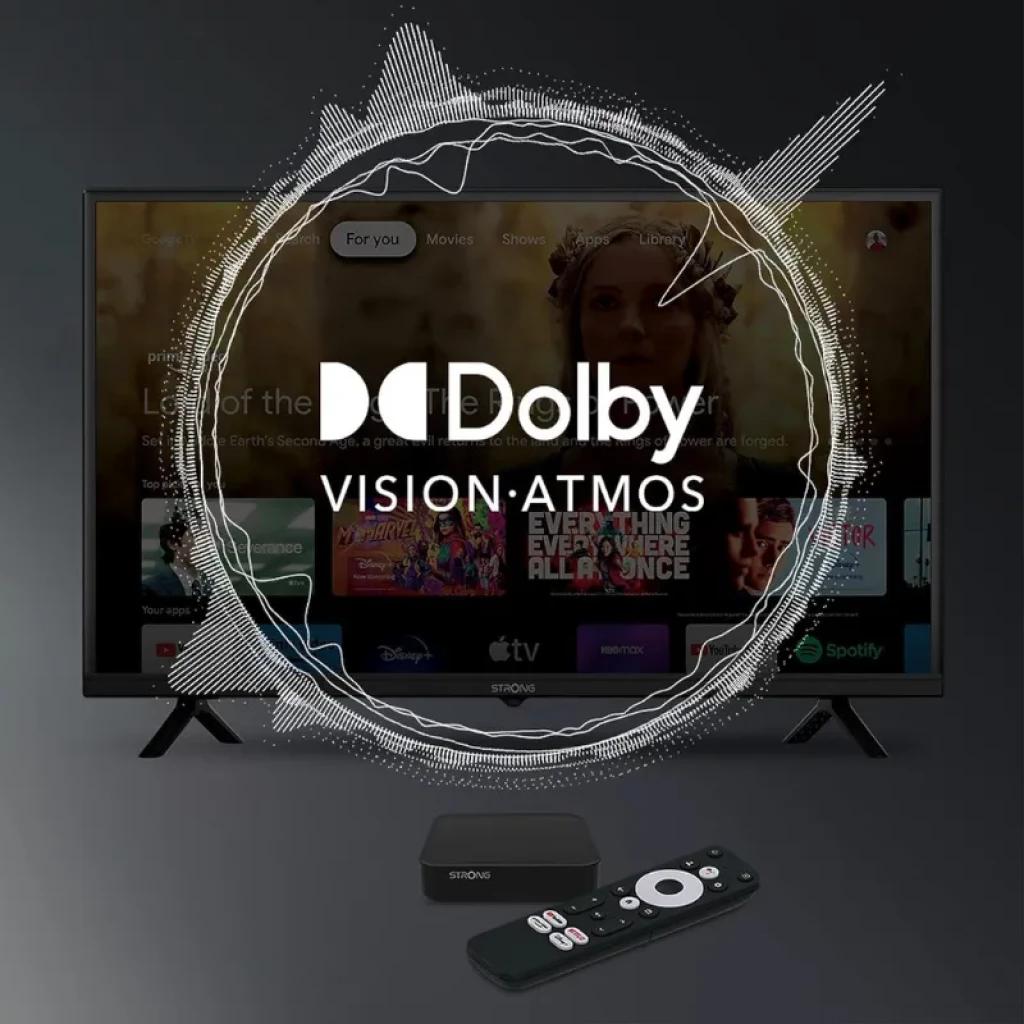 Set TV con Android TV y control remoto; destaca logo Dolby Vision Atmos sobre interfaz de streaming