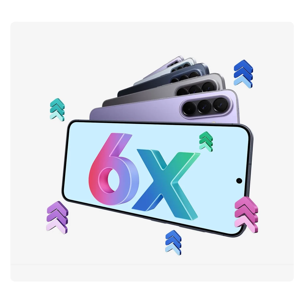 Samsung Galaxy A57 5G gris con pantalla 6.6 pulgadas, frontal perforado y triple cámara trasera vertical; diseño delgado en tonos gris, negro y lila