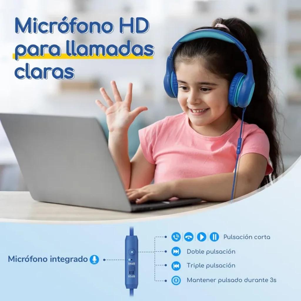 Casque enfant vert bleu avec micro HD intégré, arceau et coussinets rembourrés, câble avec commandes et partage audio SharePort, limiteur 85/94 dB