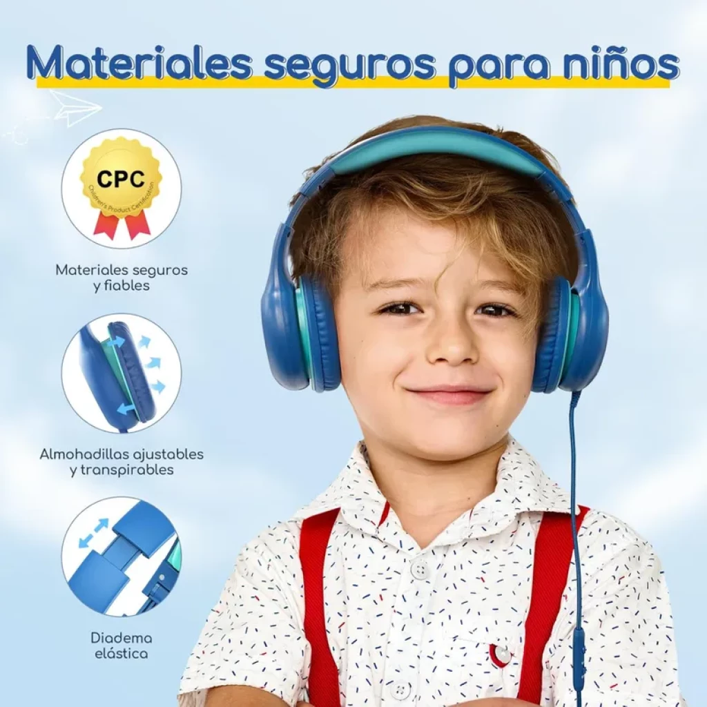 Casque enfant Earfun K1 vert bleu avec arceau élastique, coussinets ajustables et respirants, limiteur 85/94 dB, port SharePort pour partager l’audio