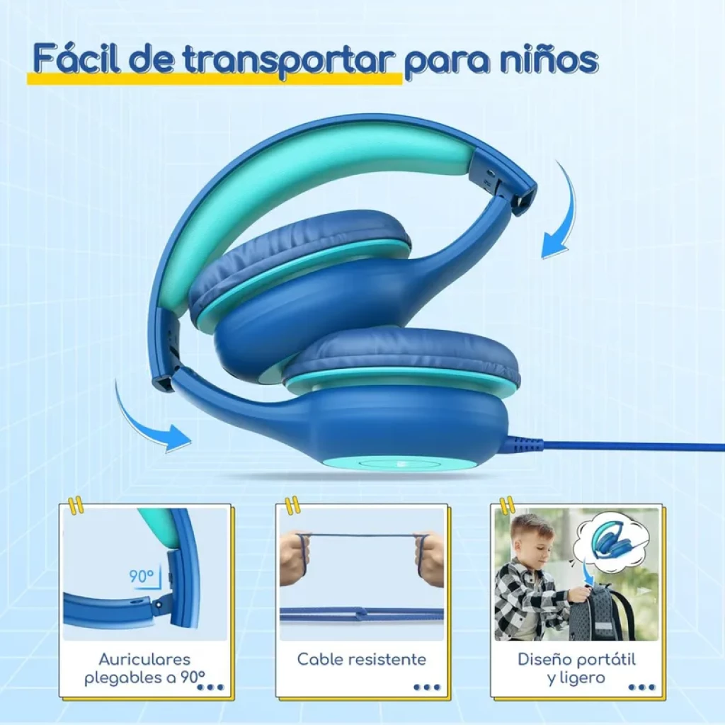 Earfun K1 vert bleu pour enfants, casque pliable à 90°, coussinets rembourrés, limiteur 85/94 dB, SharePort, câble résistant, design léger et portable