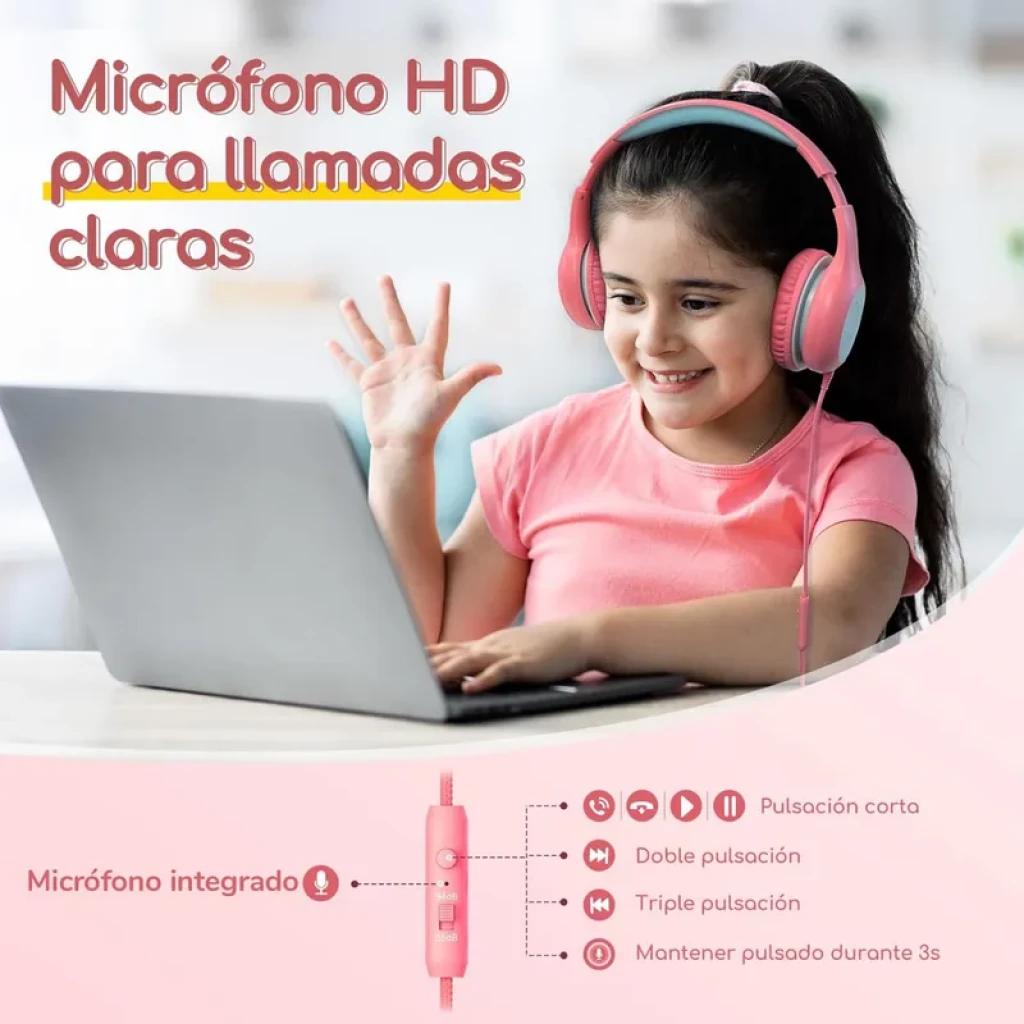 Contrôle filaire rose avec micro HD intégré et boutons pour gérer appels et volume, compatible avec casque enfant Earfun K1 Rose Bleu, câble SharePort