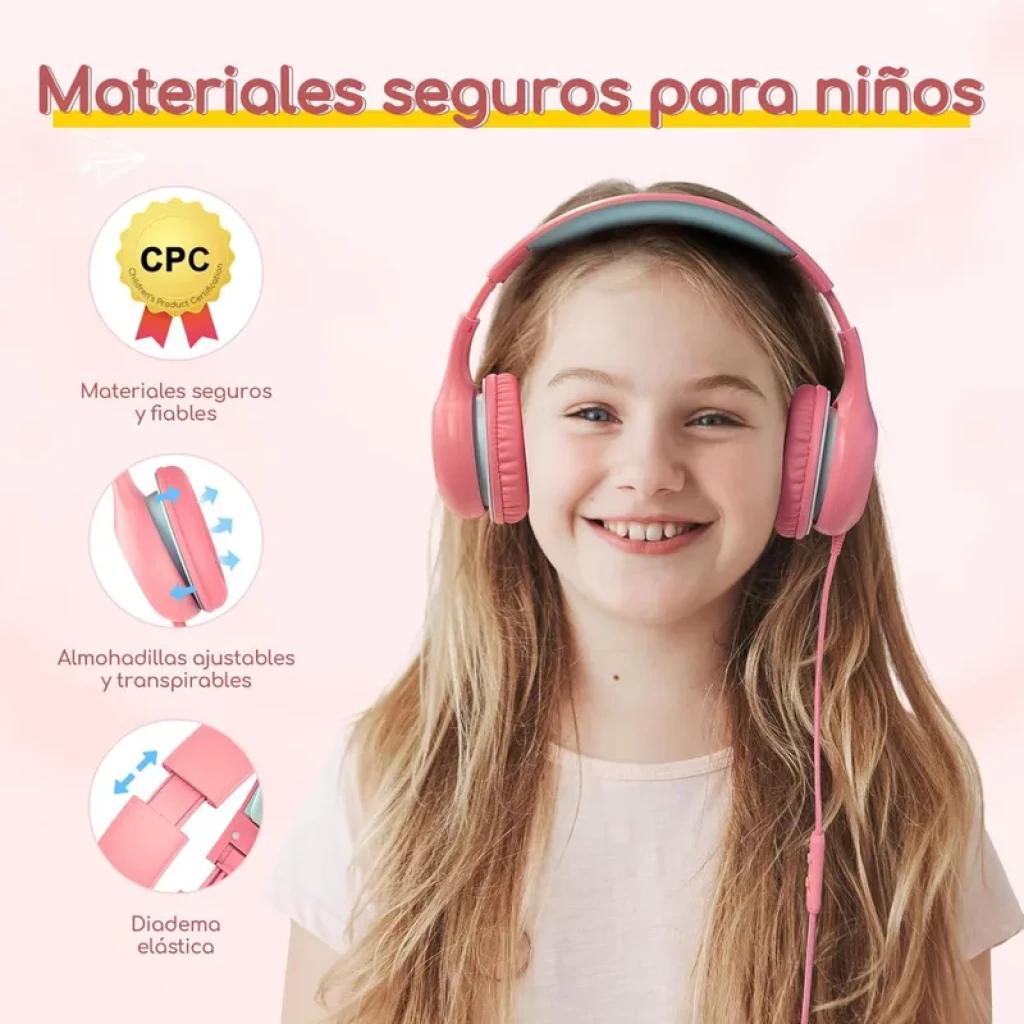 Casque enfant rose avec arceau élastique bleu, coussinets épais réglables et respirants, câble filaire SharePort, limiteur 85/94 dB pour écoute sûre