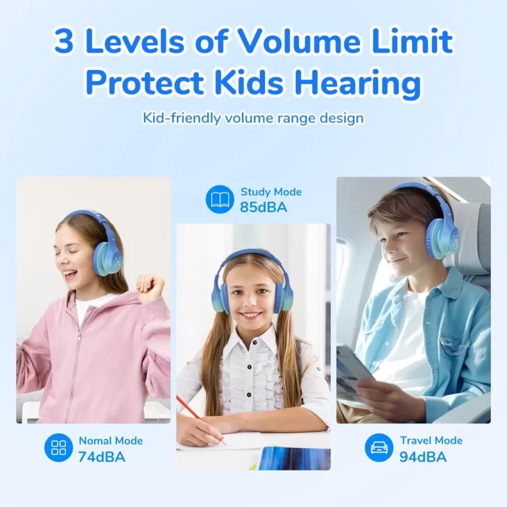 Casque EarFun K4 RGB vert pour enfants, arceau rembourré, oreillettes bleues lumineuses, sans fil Bluetooth, réglages volume 74/85/94 dBA, usage voyage/étude