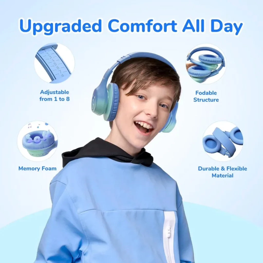Casque enfant EarFun K4 RGB vert et bleu, arceau réglable, coussinets mémoire de forme, structure pliable, matériau durable et flexible
