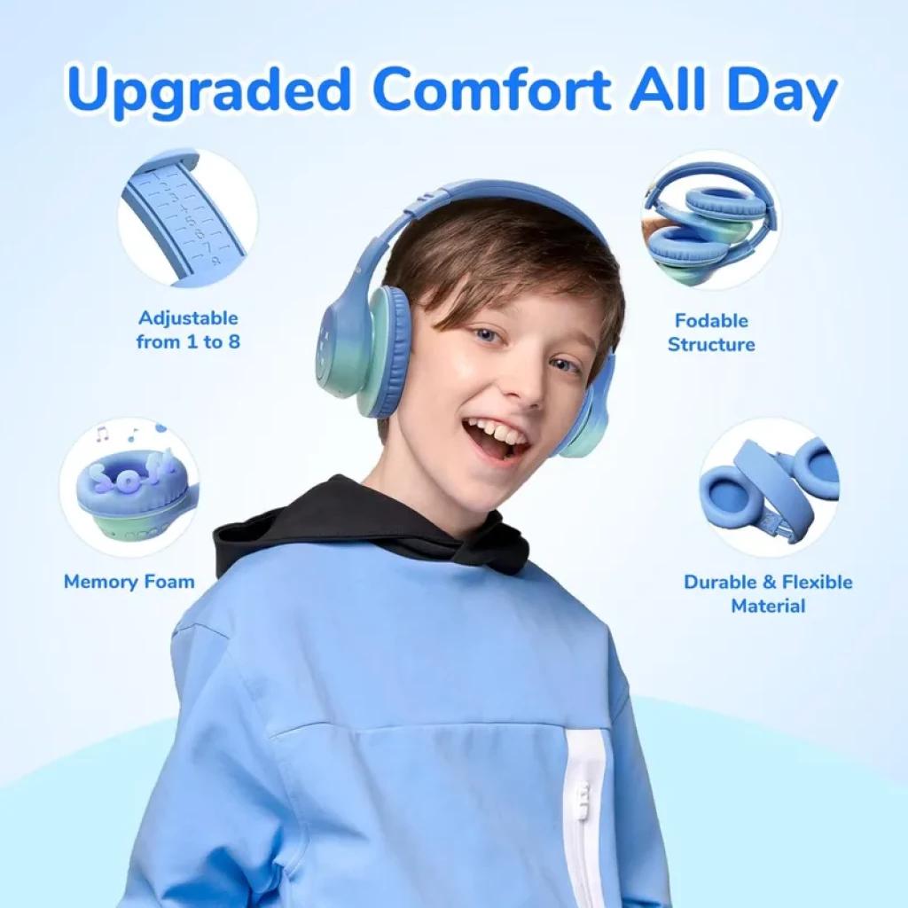 Casque enfant EarFun K4 RGB vert et bleu, arceau réglable, coussinets mémoire de forme, structure pliable, matériau durable et flexible