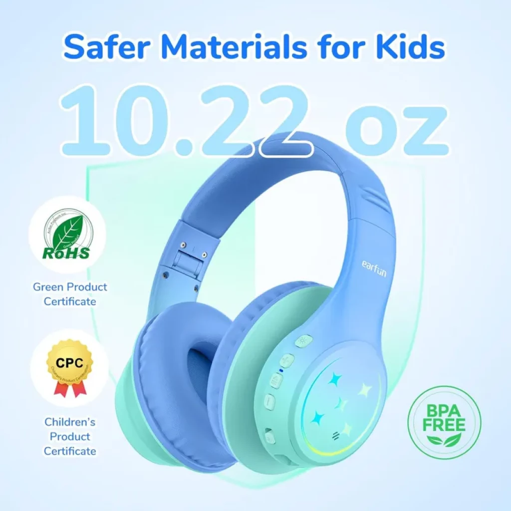 Casque EarFun K4 RGB vert et bleu pour enfants, coussinets doux, étoiles lumineuses, boutons latéraux, 290 g, matériaux sûrs ROHS CPC, sans BPA