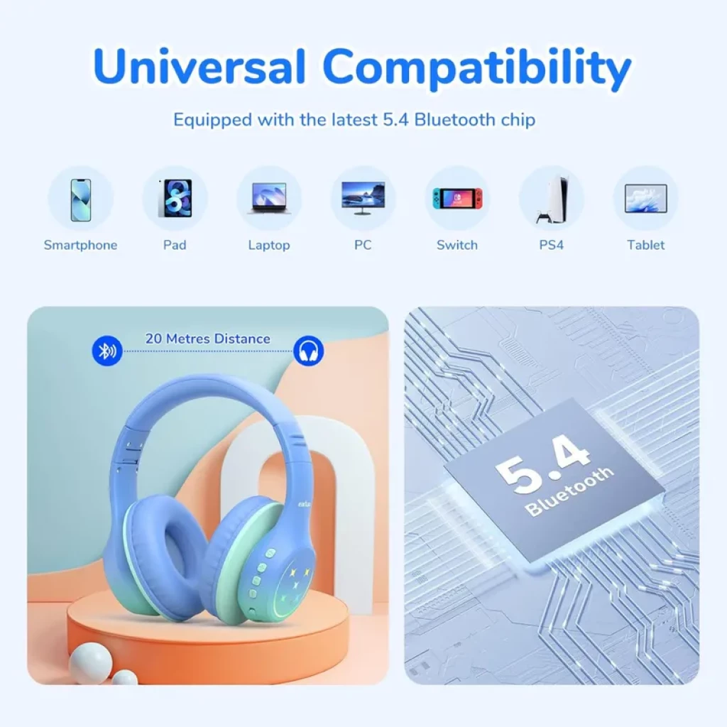 Casque enfant EarFun K4 vert et bleu avec LED RGB, arceau rembourré, boutons latéraux, oreillettes ovales et Bluetooth 5.4 compatible multi-appareils