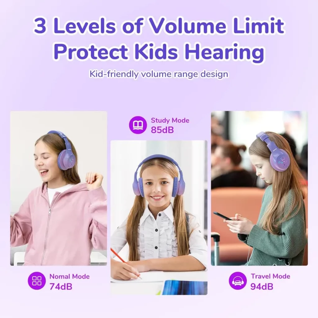 Casque EarFun K4 violet pour enfants avec LED RGB, arceau rembourré, coussinets doux, boutons latéraux visibles, trois niveaux de volume 74 85 94 dB