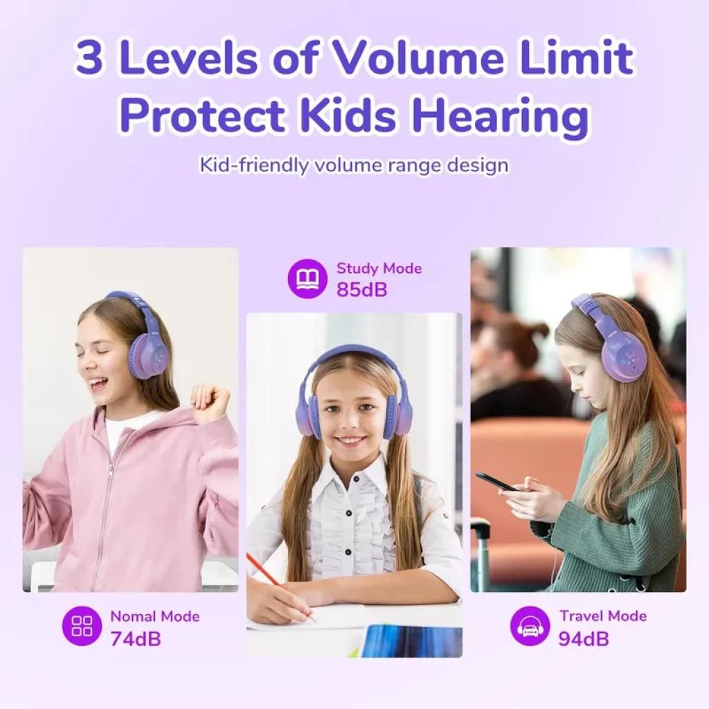 Casque EarFun K4 violet pour enfants avec LED RGB, arceau rembourré, coussinets doux, boutons latéraux visibles, trois niveaux de volume 74 85 94 dB