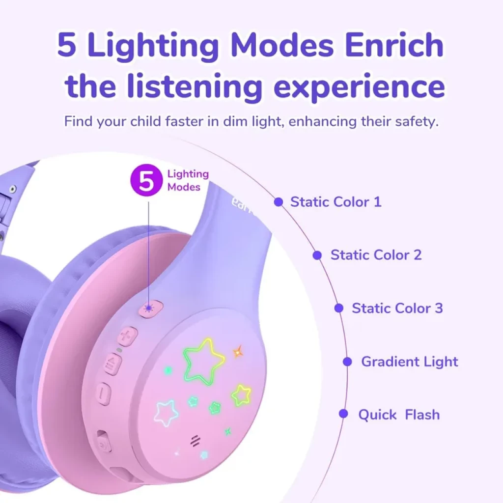 Écouteurs EarFun K4 violets pour enfants, coques roses avec LEDs RGB en étoiles, 5 modes lumineux, boutons latéraux et arceau rembourré, design doux et sûr