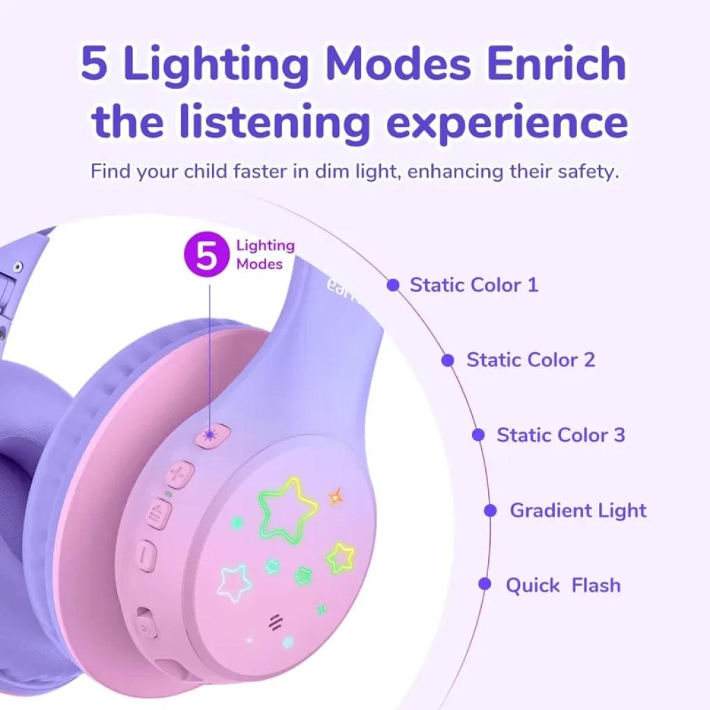 Écouteurs EarFun K4 violets pour enfants, coques roses avec LEDs RGB en étoiles, 5 modes lumineux, boutons latéraux et arceau rembourré, design doux et sûr