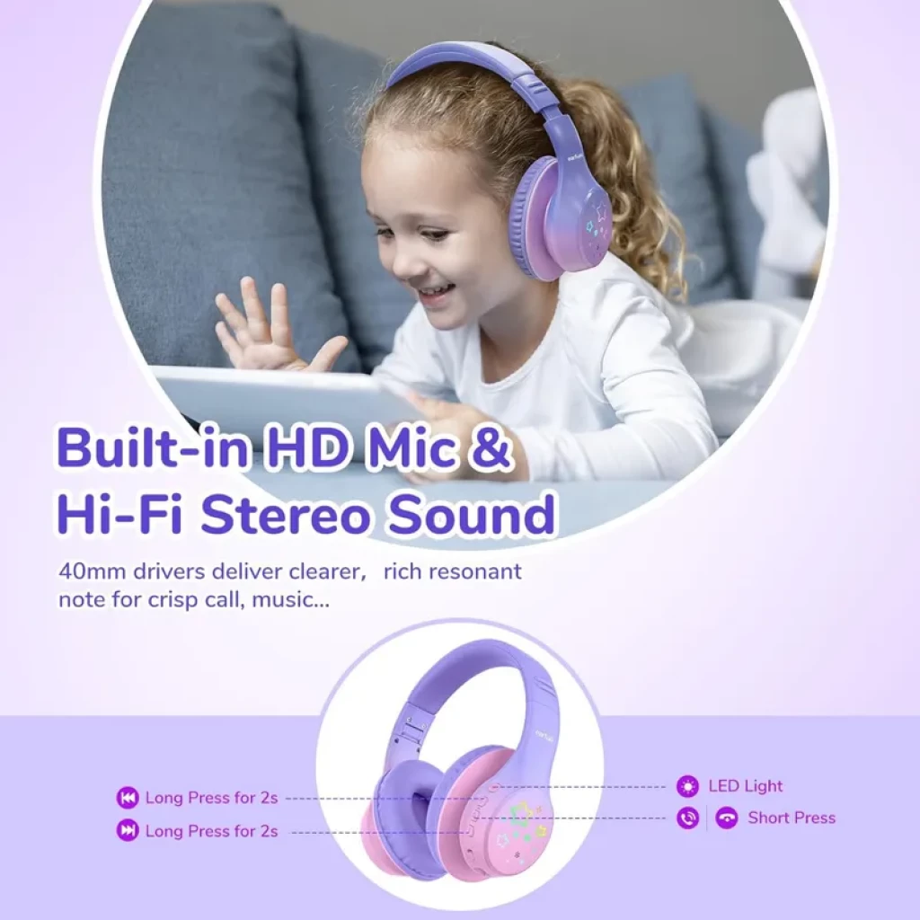 Casque violet et lavande pour enfants, oreillettes rembourrées, micro HD intégré, boutons latéraux rétroéclairés RGB, arceau réglable, design doux et