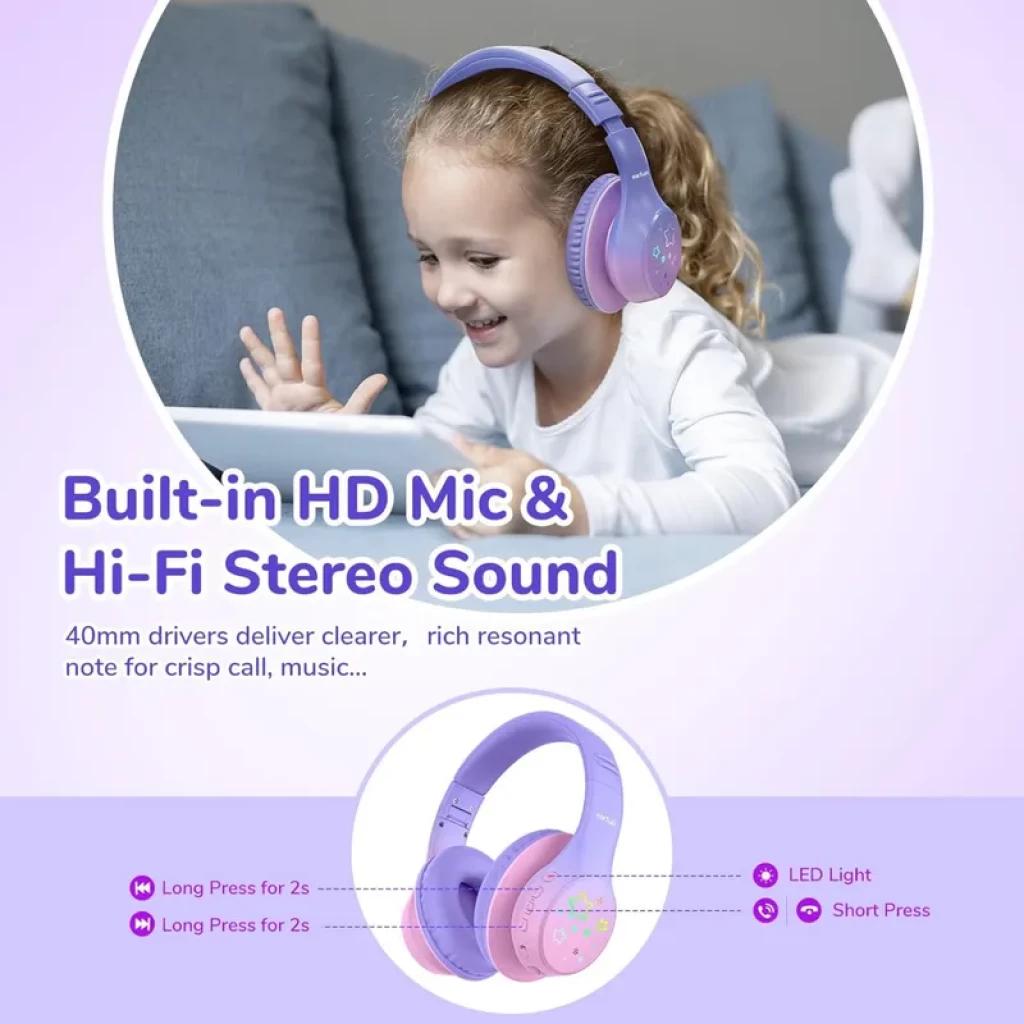 Casque violet et lavande pour enfants, oreillettes rembourrées, micro HD intégré, boutons latéraux rétroéclairés RGB, arceau réglable, design doux et