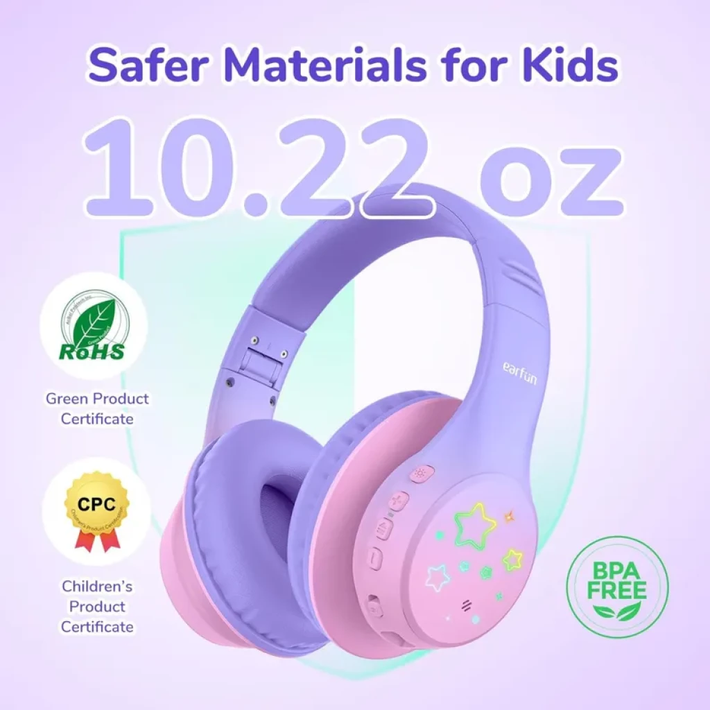 Casque violet et rose pour enfants, arceau rembourré, coques ornées d’étoiles RGB, boutons latéraux, matériau sans BPA, poids 10,22 oz, logos ROHS et CPC