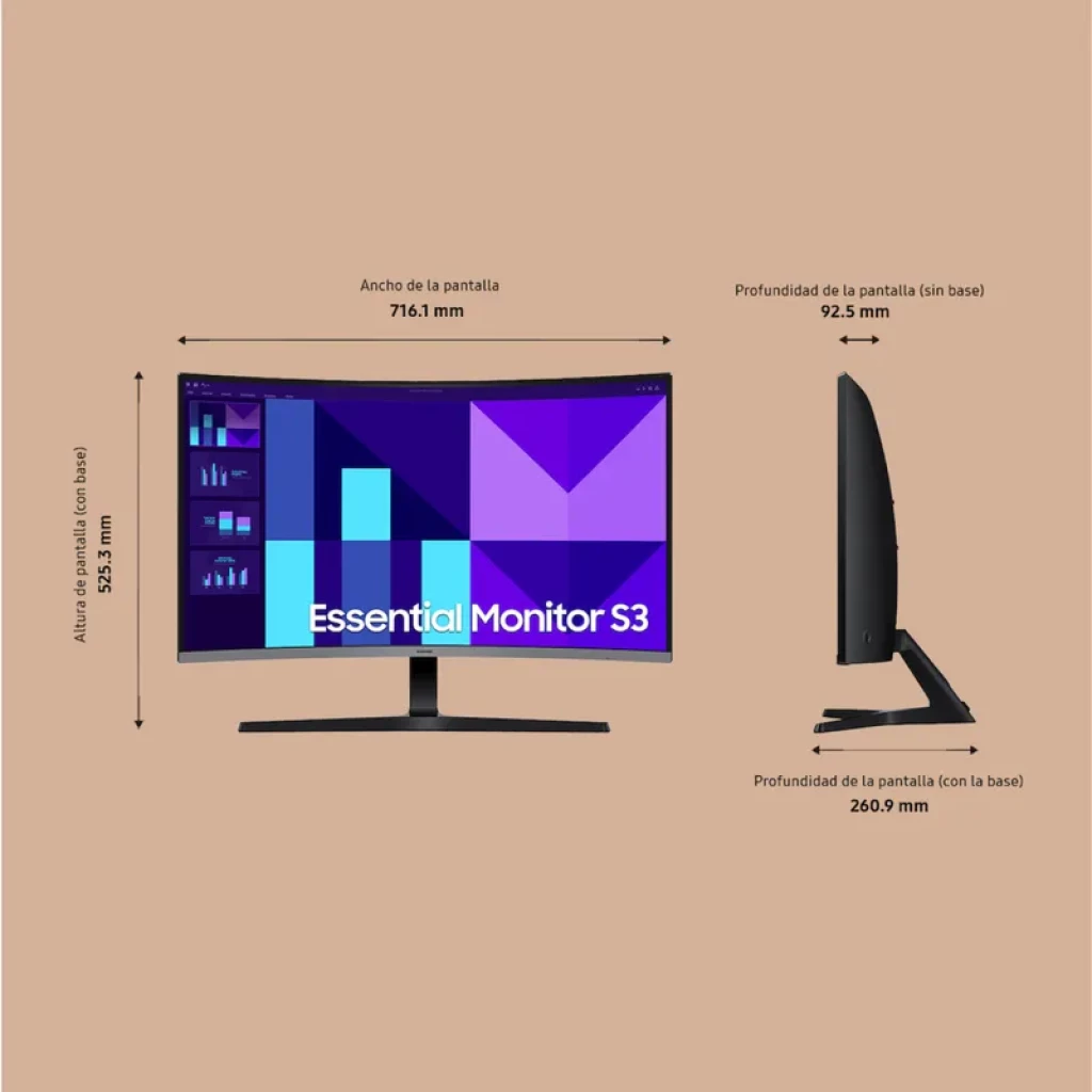 Écran Samsung Essential S3 32 pouces VA incurvé, cadre fin noir, dalle FHD 1920x1080, 100 Hz, courbure immersive, pied fin, ports arrière discrets