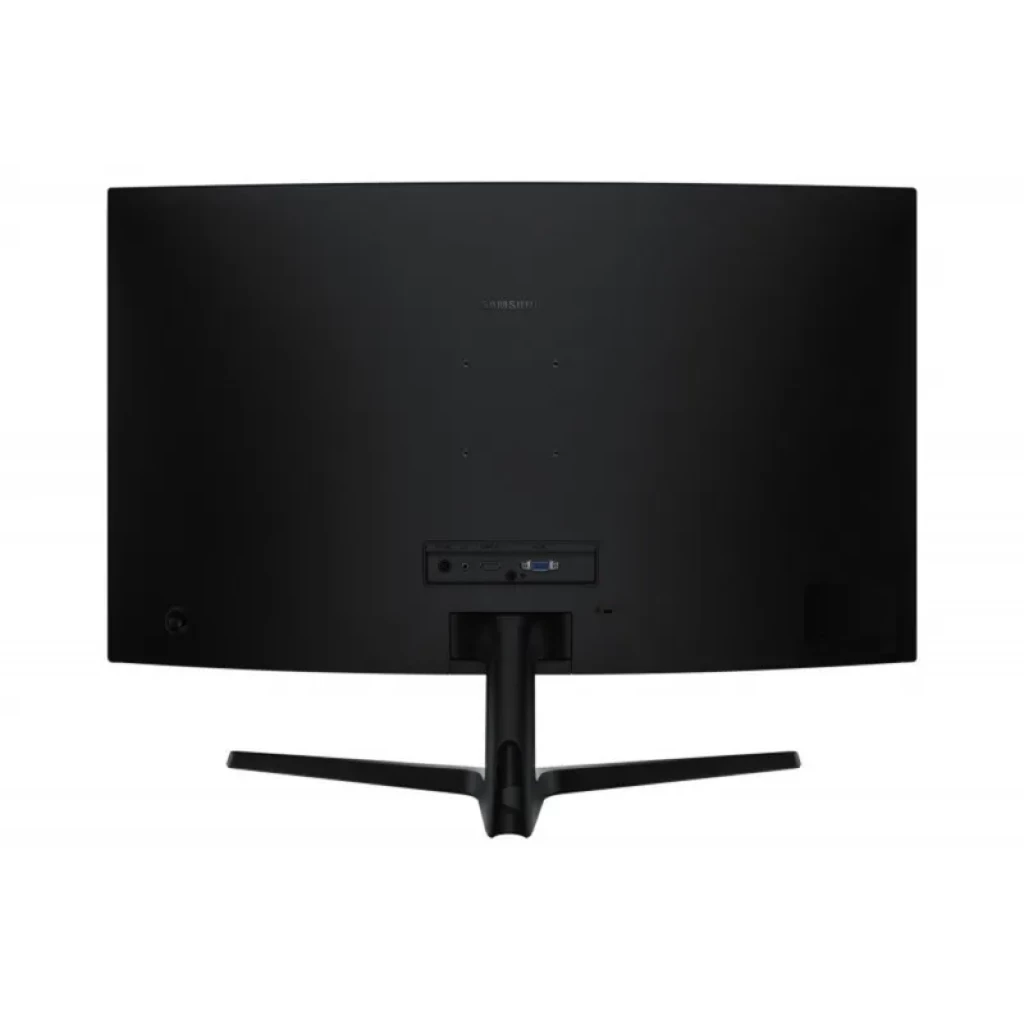 Dos incurvé noir avec pied en V, connectiques centrées HDMI et DisplayPort, finition mate du moniteur Écran Samsung Essential S3 S39GD 32 pouces VA FHD 100