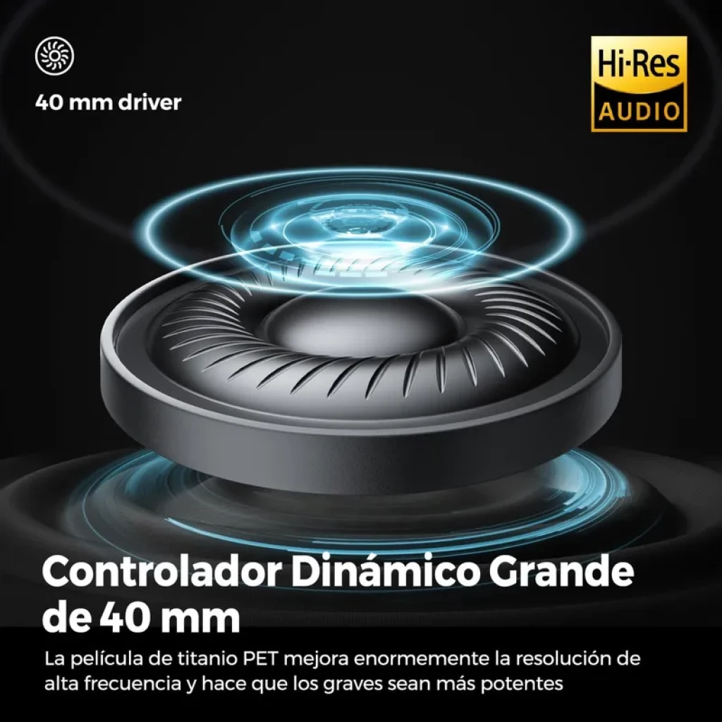 Controlador dinâmico de 40 mm com película de titânio PET, destaque para graves potentes e alta resolução, selo Hi-Res Audio e design detalhado em camadas