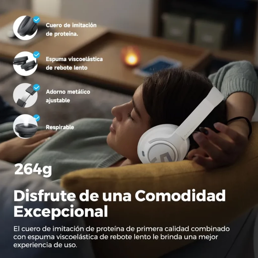 SoundPEATS Space – auscultadores over-ear brancos com ANC, aro ajustável metálico, almofadas viscoelásticas respiráveis e peso leve de 264 g