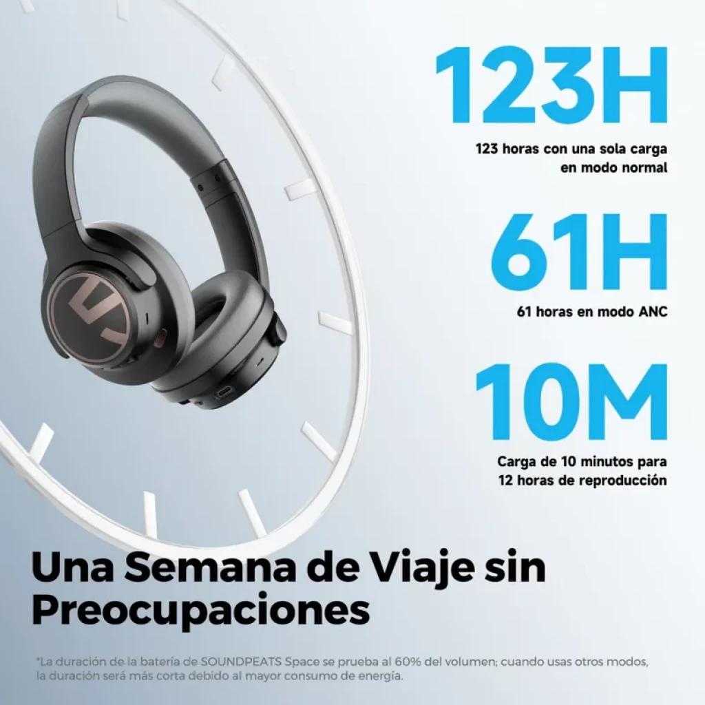 SoundPEATS Space Auscultadores sem fios over-ear pretos com arnês acolchoado, conchas giratórias, ANC, logótipo prateado e design dobrável elegante