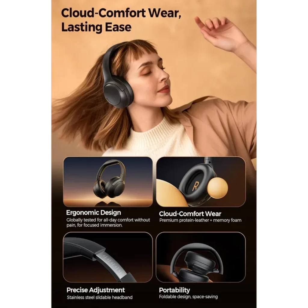 Casque SoundPEATS Cove Pro ANC 56 dB noir, arceau rembourré, coussinets mémoire, coques pivotantes, acier inox réglable, design pliable compact, Bluetooth