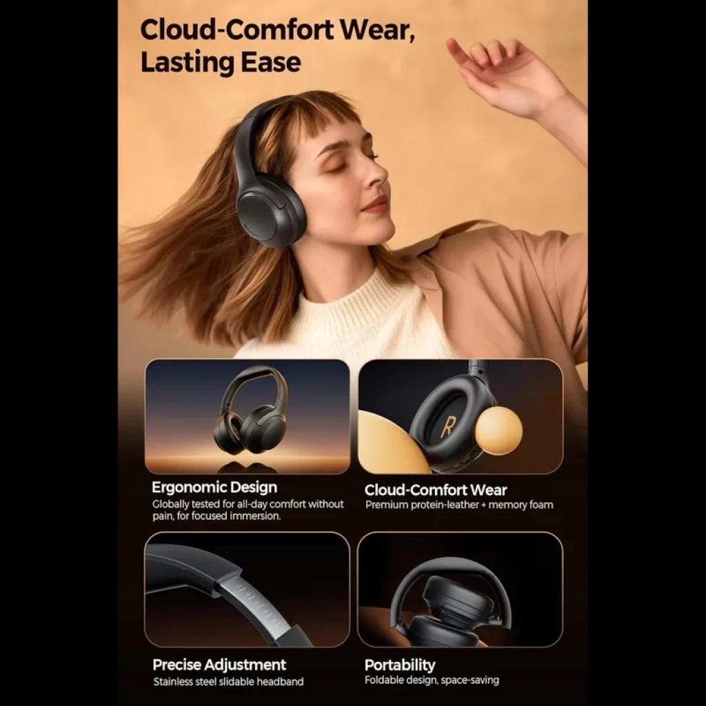 Casque SoundPEATS Cove Pro ANC 56 dB noir, arceau rembourré, coussinets mémoire, coques pivotantes, acier inox réglable, design pliable compact, Bluetooth