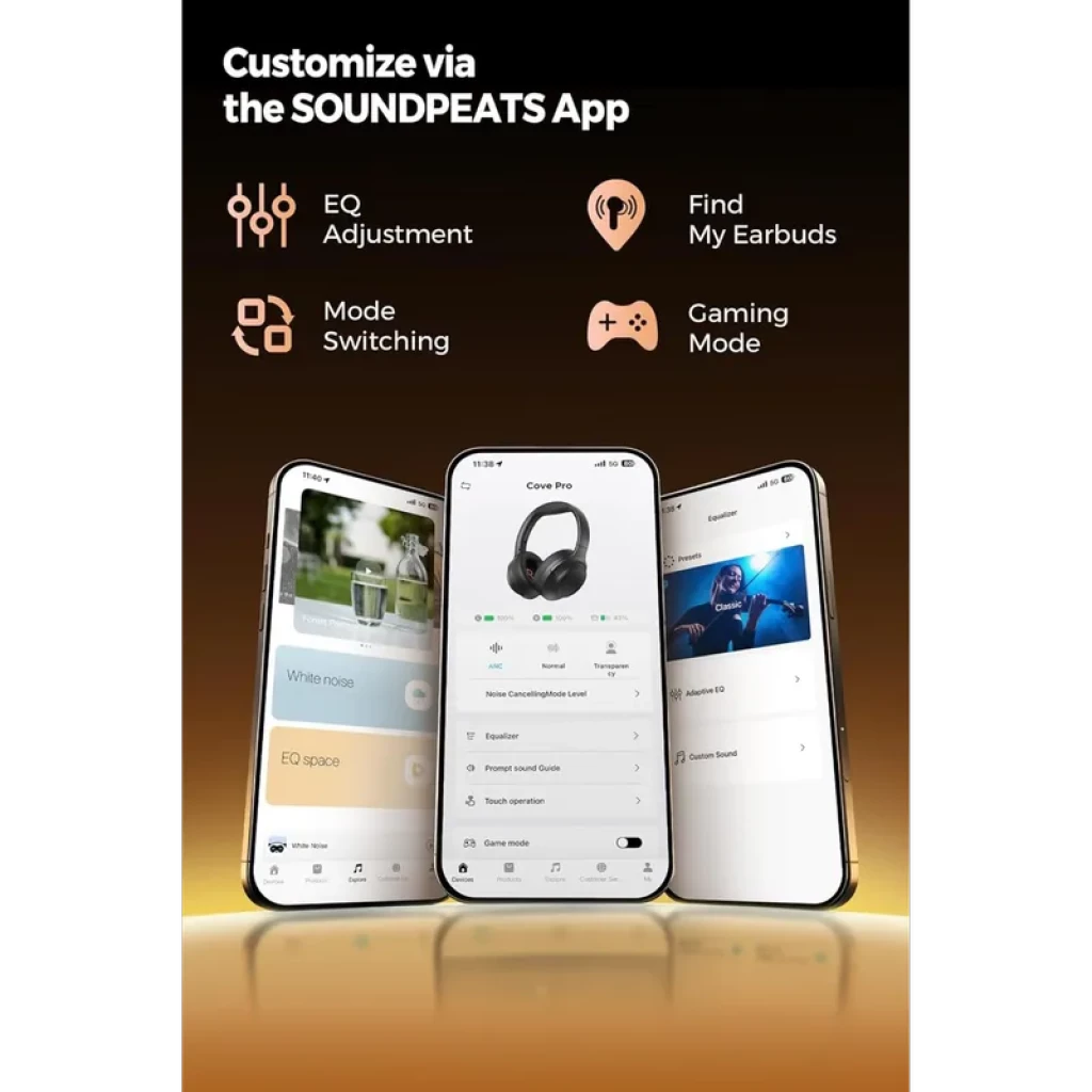SoundPEATS Cove Pro ANC 56 dB Bluetooth 6.0 – Interface dapp: réglage EQ, basculement de modes, Localiser mes écouteurs, Mode jeu, visuels sur trois écrans
