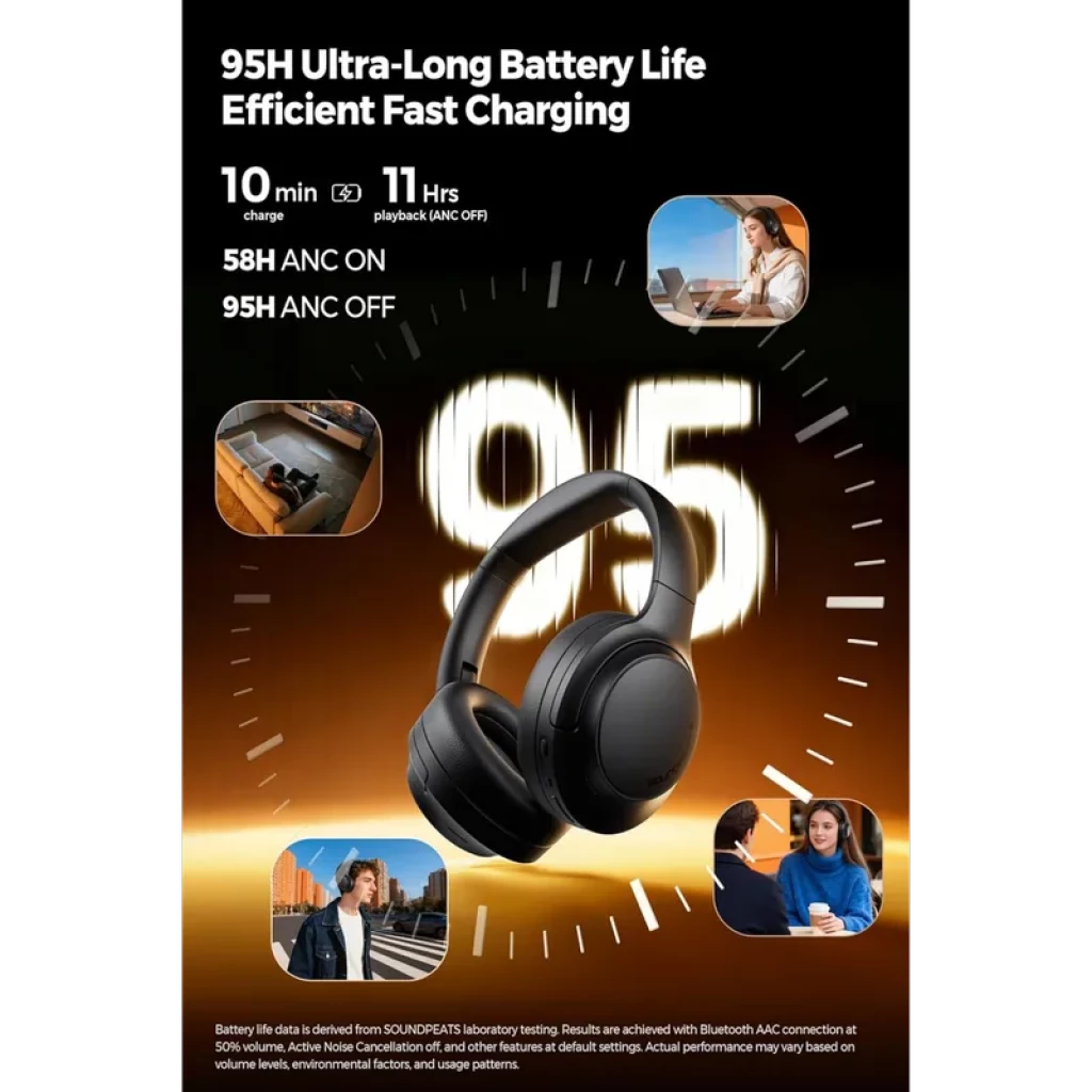 Casque noir SoundPEATS Cove Pro ANC 56 dB avec arceau rembourré et oreillettes ovales, design circum-aural élégant, mise en avant autonomie 95 h et charge