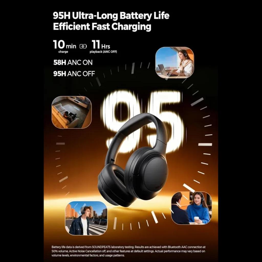Casque noir SoundPEATS Cove Pro ANC 56 dB avec arceau rembourré et oreillettes ovales, design circum-aural élégant, mise en avant autonomie 95 h et charge