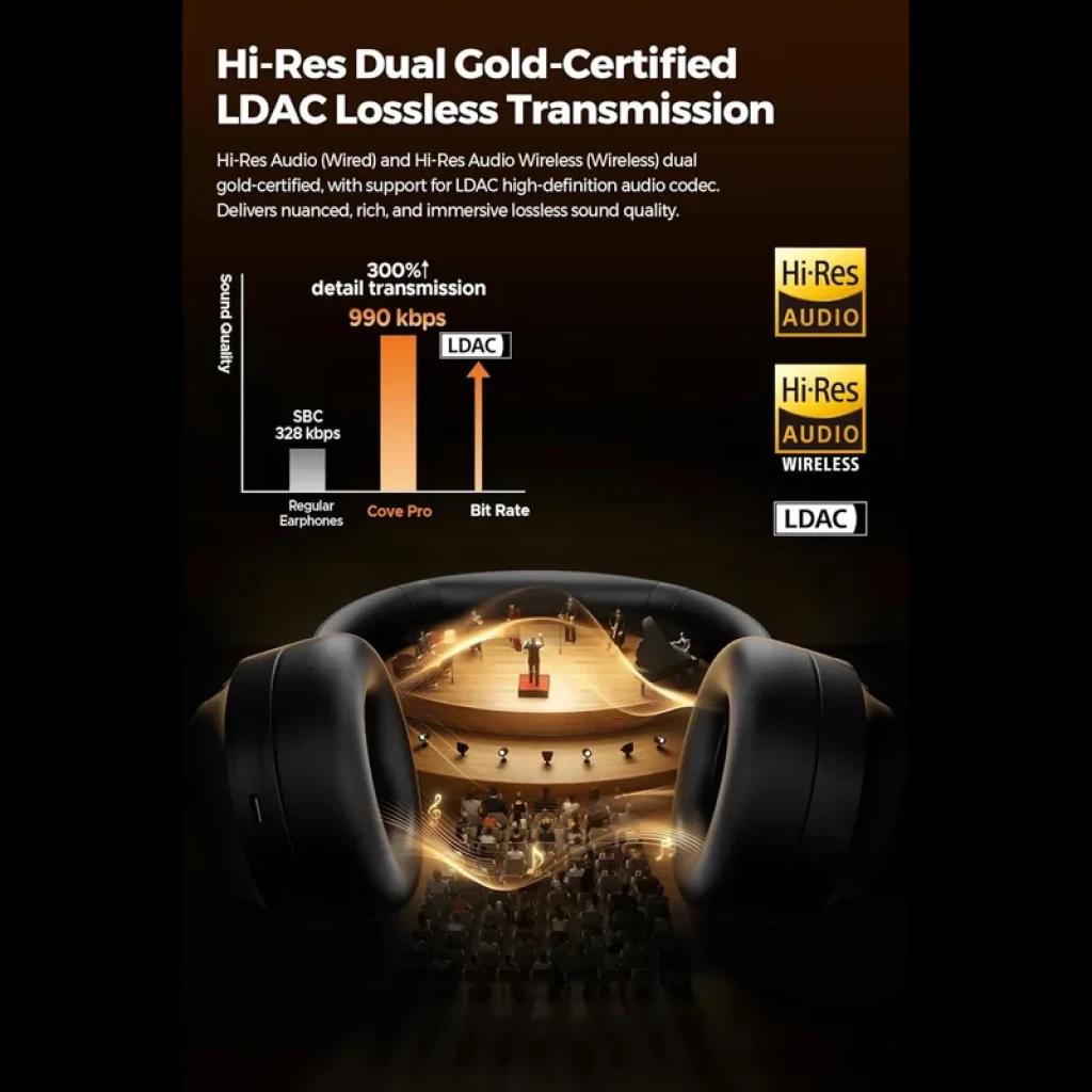 SoundPEATS Cove Pro ANC 56 dB Bluetooth 6.0 – casque circum-aural noir avec scène sonore immersive, finition mate, arceau épais et coussinets larges LDAC