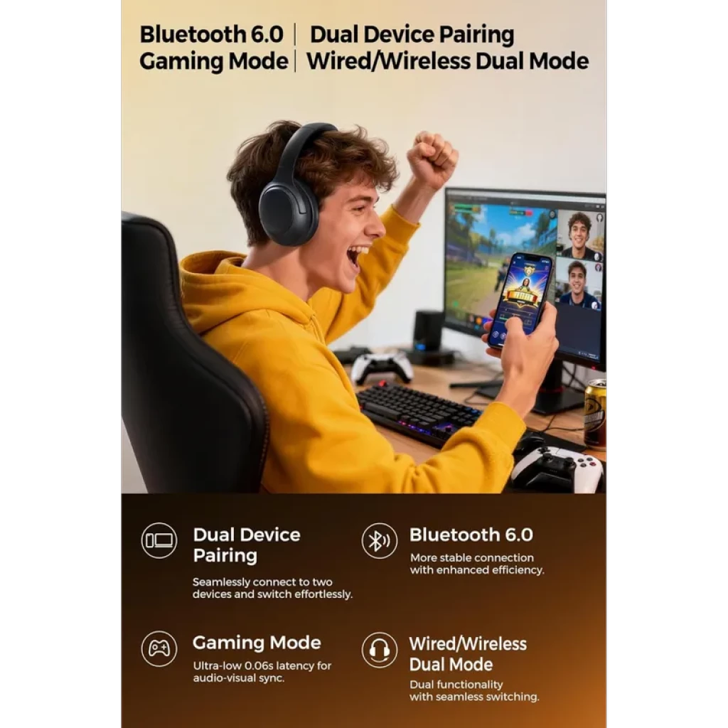 Casque SoundPEATS Cove Pro ANC 56 dB noir, arceau rembourré, coussinets circum-auraux, micro intégré; usage gaming et appels, connexion Bluetooth 6.0