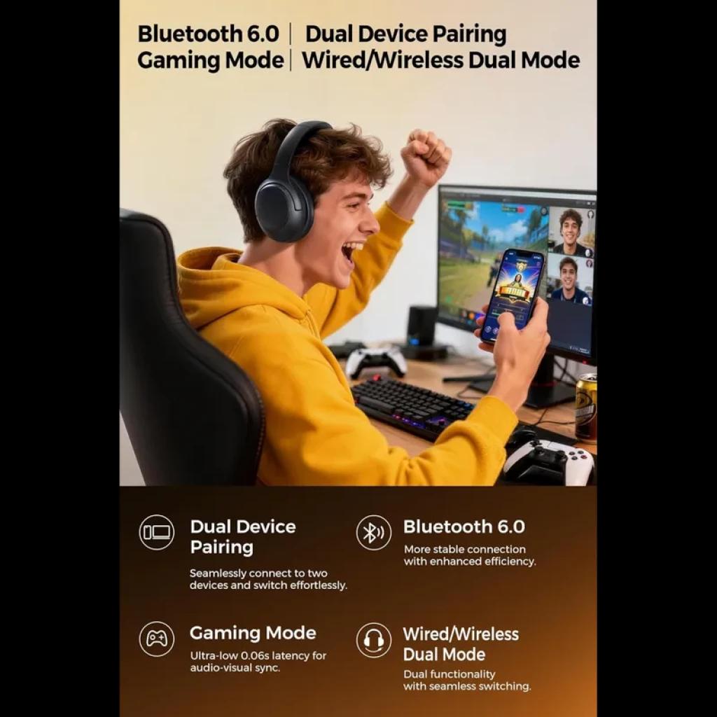 Casque SoundPEATS Cove Pro ANC 56 dB noir, arceau rembourré, coussinets circum-auraux, micro intégré; usage gaming et appels, connexion Bluetooth 6.0