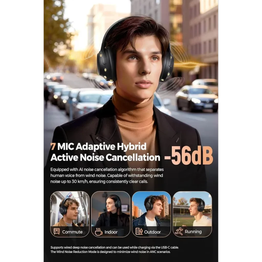 SoundPEATS Cove Pro ANC 56 dB Bluetooth 6.0, casque circum-aural noir avec coussinets moelleux, arceau réglable, micros visibles, idéal urbain et sport