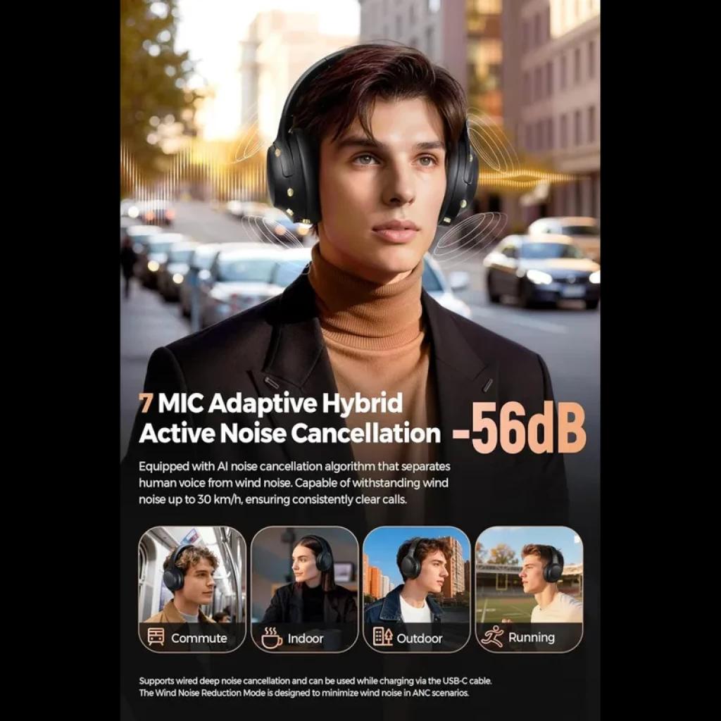 SoundPEATS Cove Pro ANC 56 dB Bluetooth 6.0, casque circum-aural noir avec coussinets moelleux, arceau réglable, micros visibles, idéal urbain et sport