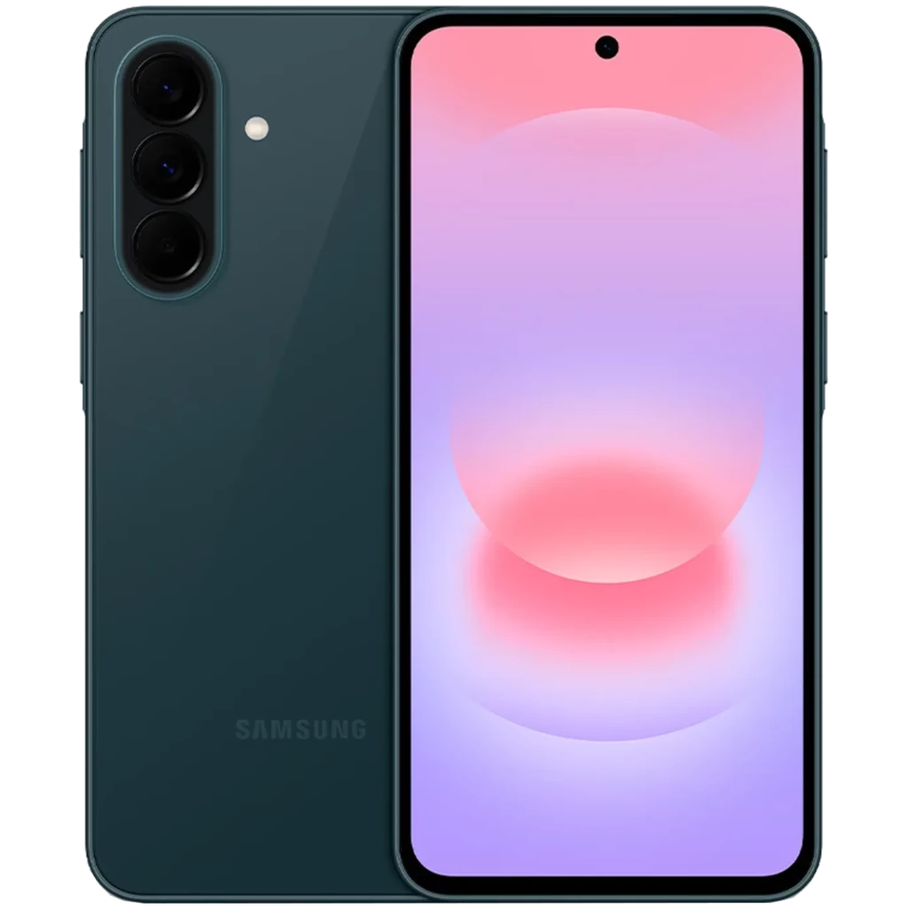 Samsung Galaxy A37 5G verde con pantalla completa y perforación central, triple cámara trasera alineada verticalmente y bordes delgados en acabado mate