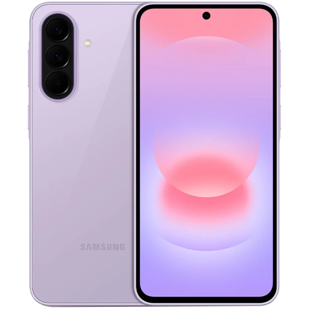 Samsung Galaxy A37 5G lavanda con pantalla AMOLED plana y cámara triple vertical; frontal con biseles delgados y perforación central para la cámara