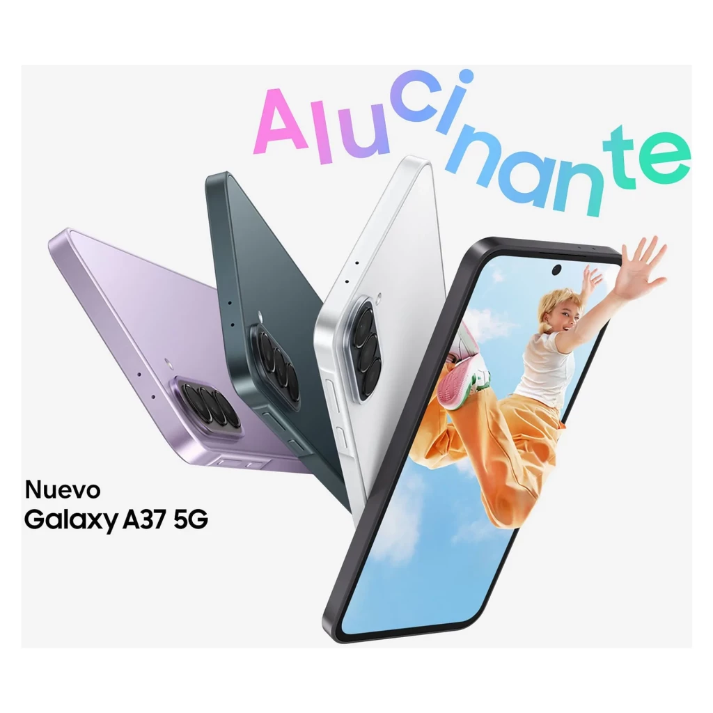 Samsung Galaxy A37 5G cor lavanda com ecrã 6.6 perfurado, moldura fina e módulo de câmara tripla saliente; design elegante e cores vibrantes