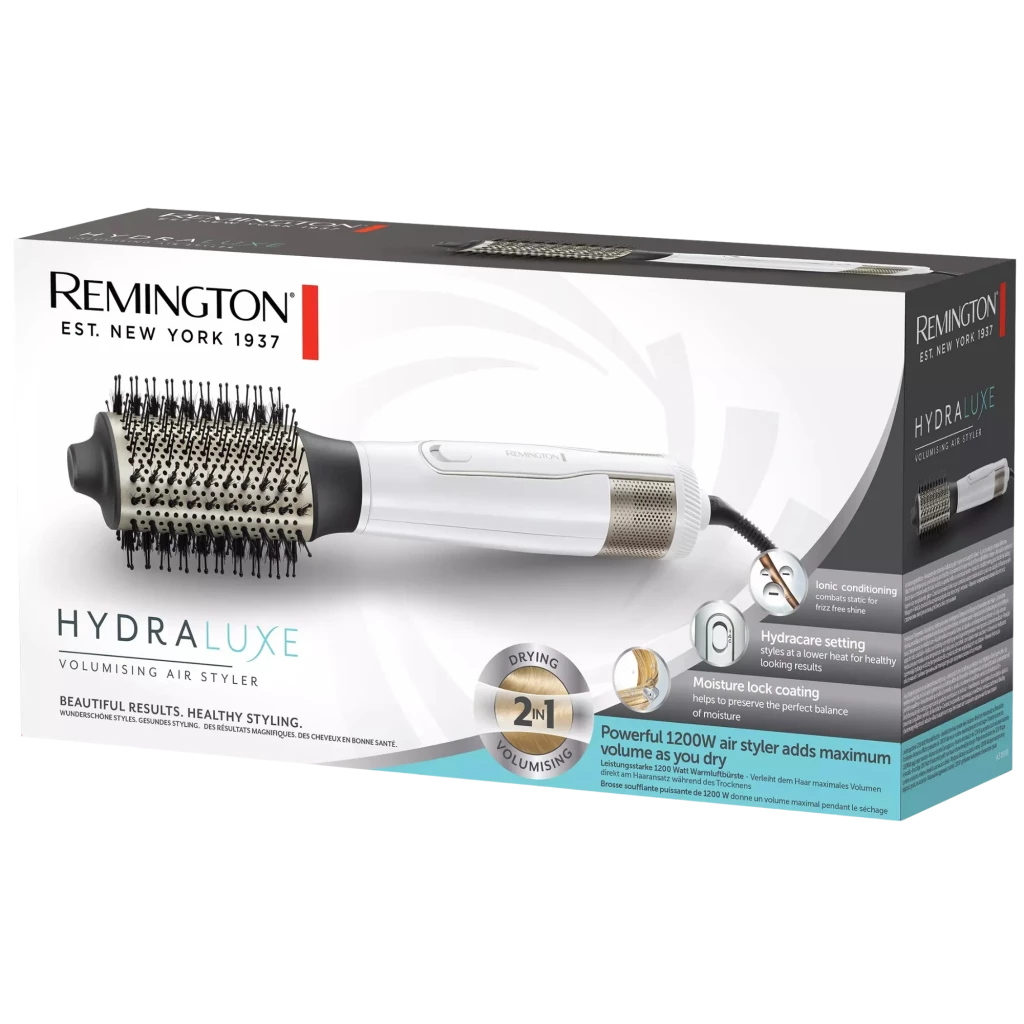 Cepillo de aire caliente Remington Hydraluxe AS8901 blanco y dorado, barril redondo con cerdas mixtas, 2 en 1, potencia 1200 W, cable giratorio y botón frío