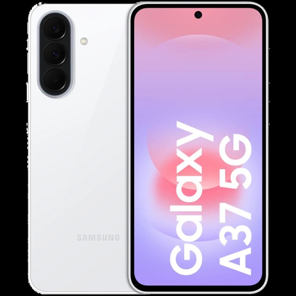 Samsung Galaxy A37 5G negro con triple cámara trasera vertical, pantalla de 6.6 pulgadas con biseles finos y orificio centrado, acabado mate elegante