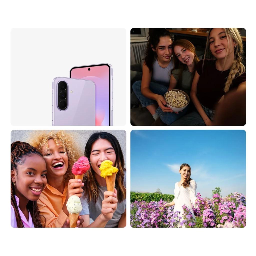 Samsung Galaxy A37 5G blanco con triple cámara vertical y pantalla amplia; selfies en grupo y retratos nítidos con colores vivos y buen detalle en exteriores