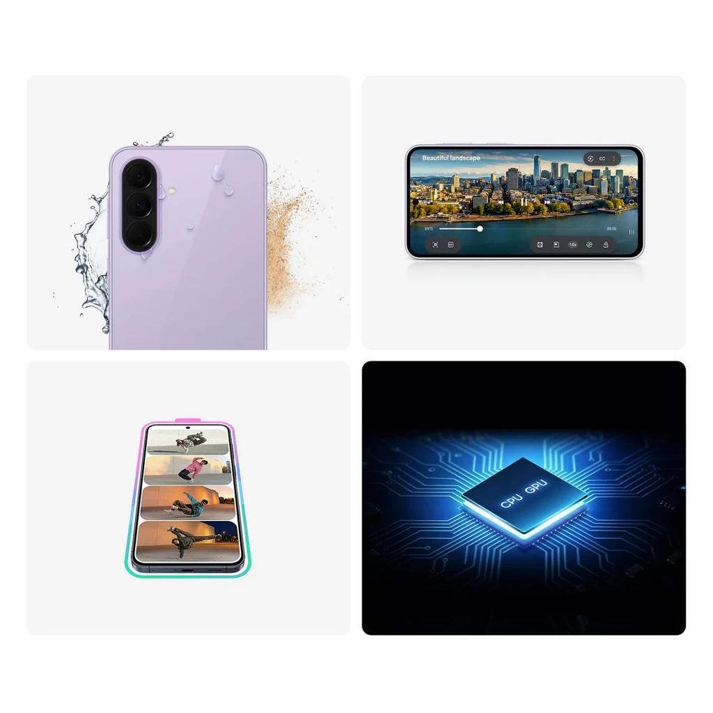 Samsung Galaxy A37 5G blanco con triple cámara trasera, pantalla amplia con tasa de 120 Hz, resistencia a salpicaduras y chip potente para multitarea