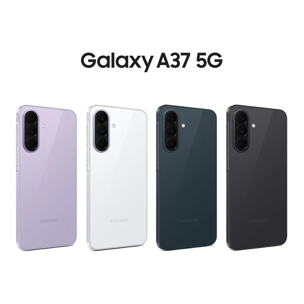 Samsung Galaxy A37 5G en cuatro colores lila blanco verde y negro con triple cámara trasera vertical y diseño minimalista brillante