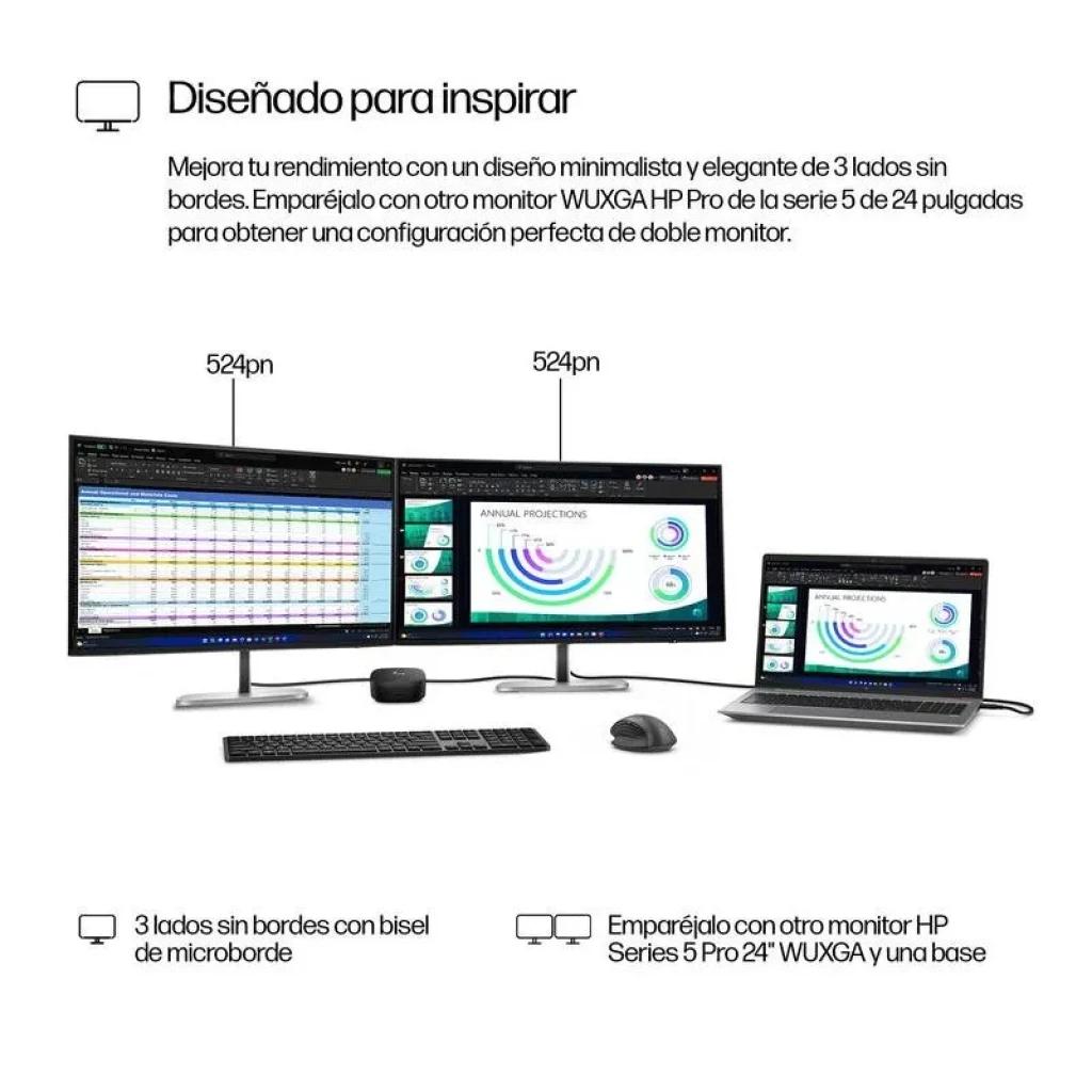 HP Série 5 524, 24 polegadas, WUXGA, IPS, 100 Hz, design minimalista com três lados sem bordas, base ajustável, cores nítidas e ecrã amplo para multitarefas