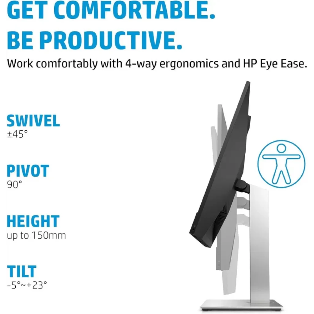 HP E27m G4 con ergonomía 4 vías: giro ±45°, pivote 90°, altura hasta 150 mm y tilt −5° a +23°
