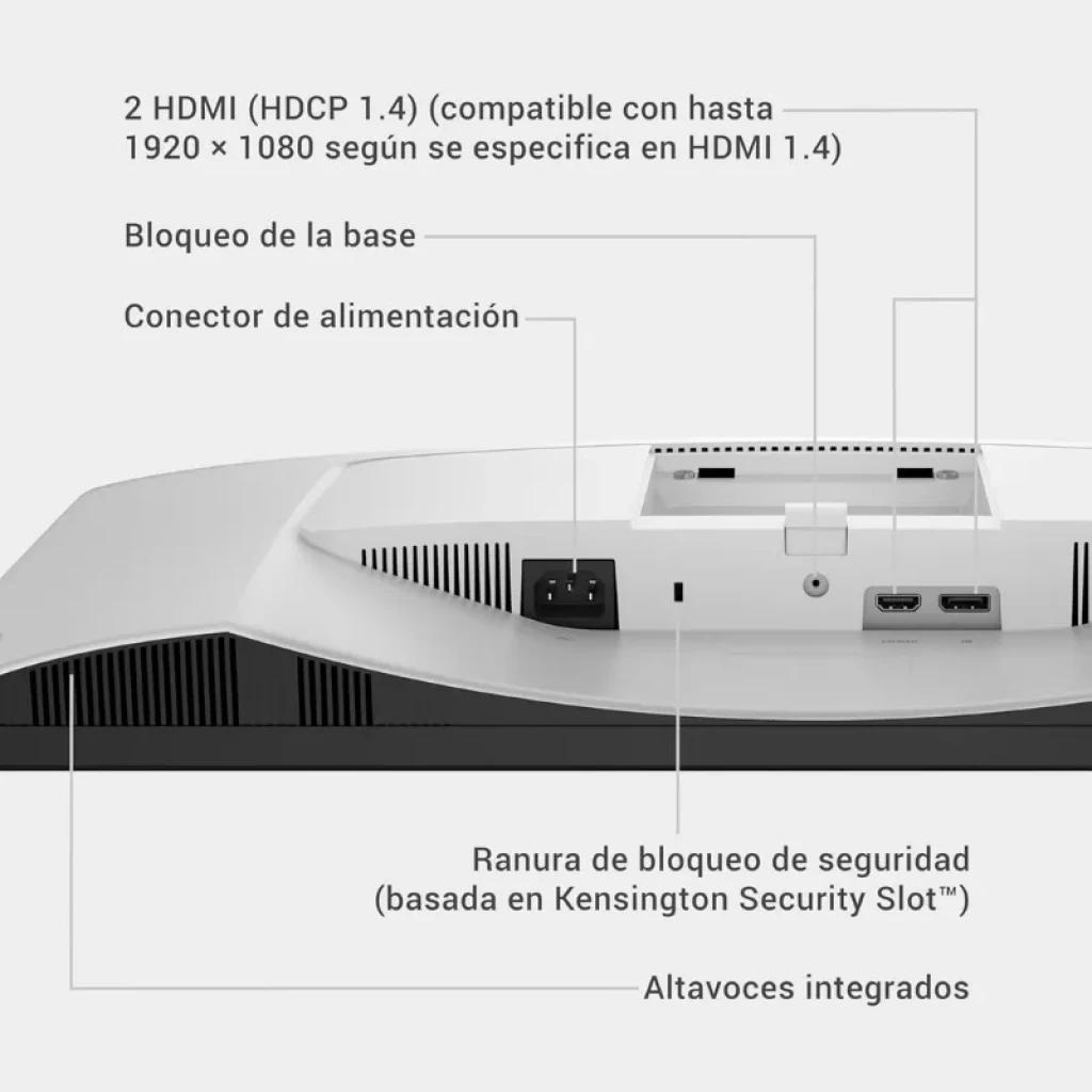 Traseira do monitor Dell S2425HSM: 2 HDMI HDCP 1.4 até 1920x1080, conector de alimentação, alto-falantes integrados e ranhura de segurança Kensington